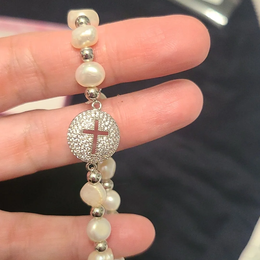 Silver Pearl Cross Bracelet - Picture 5 of 6